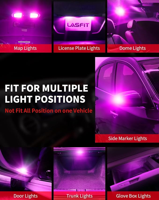 LASFIT 194 168 T10 192 2825 W5W LED Bulb Canbus Error Free, Non-Polarity 400LM Extremely Bright for Dome Map Courtesy Door Trunk Cargo Lights, 12-24V, Purple Pink (Pack of 2)