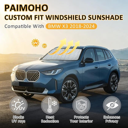 Thickened Windshield Sun Shade for 2018-2024 BMW X3 | Fits sDrive/xDrive30i M40i X3 M, M40 Accordion Window Sunshade Foldable Sun Visor Shield with Storage Bag Car accessories