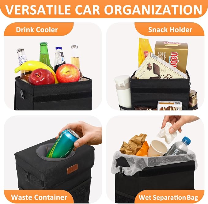 Vankor 4.2 Gallons Car Trash Can with Lid, Bag Bin Hanging Waterproof Automotive Car Garbage Cans Leak Proof Vehicle Trash Can for Truck SUV,Black