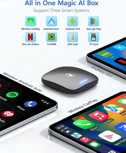 Magic AI Box CarPlay Wireless Carplay Adapter & Android Auto Dual WiFi + 4G SIM Split-Screen Goo-gle Play Download 4GB RAM + 64GB ROM