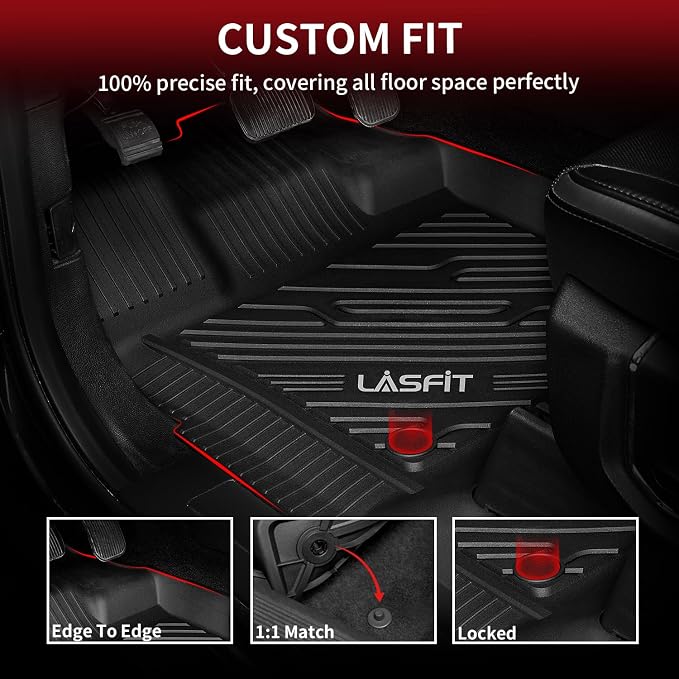 LASFIT Floor Mats for Ford F-150 2021-2026 | F150 Lightning 2022-2025 SuperCrew (Rear w/Fold Flat Storage) Carpet Floor All Weather Car Liners TPE Truck Mats - 1st and 2nd Row, 3pcs Black