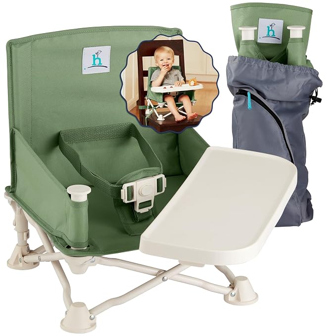 Hiccapop OmniBoost Travel Booster Seat with Tray for Baby | Folding Portable Baby Booster Seat for Dining Table, Camping, Beach, Grandma’s | Tip-Free Design Straps to Kitchen Chairs - Booster Chair