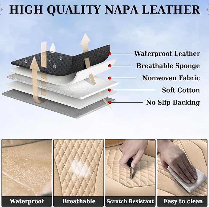 Coverado Waterproof Nappa Leather Car Seat Covers, Automotive Seat Covers，Front Car Seat Cushion & Car Seat Protector, Beige Seat Covers Universal Fit for Most Cars, SUVs, Trucks