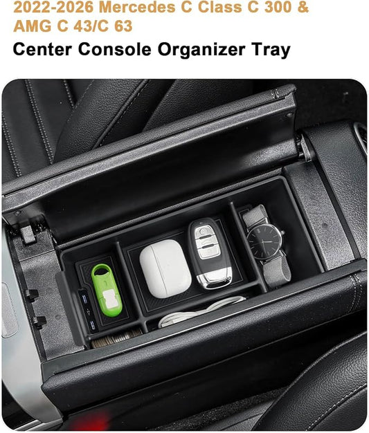 ECOZEN Center Console Organizer For 2022-2026 Mercedes C Class C 300/AMG C 43/C 63 - Armrest Box Storage Tray Compatible with 2022-2026 Mercedes C 300/ AMG C 43 C63 Accessories Armrest Organizer ABS