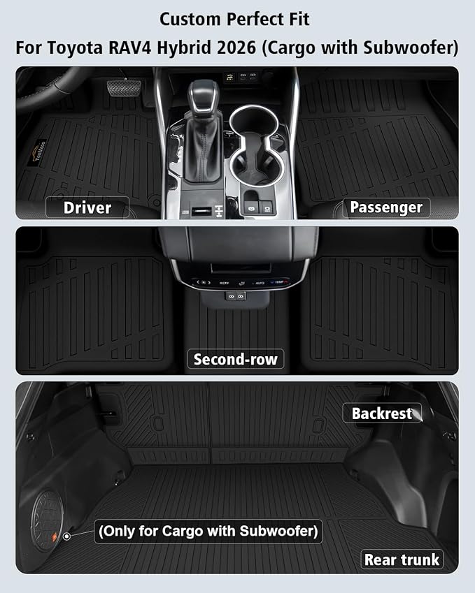 Floor Mats Custom for Toyota RAV4 Hybrid 2026 (Only for Cargo Area with Subwoofer) (Not for Phev) Trunk Mat with Backrest Mat All Weather TPE Full Set Cargo Liners for RAV-4 2026 Accessories, Black