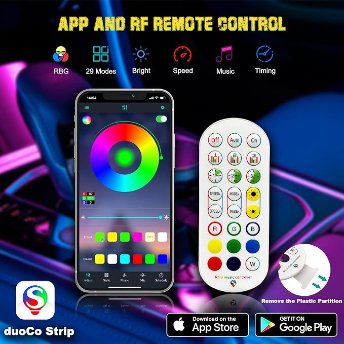 Jushope Interior Car LED Strip Lights, RGB USB Car Ambient Lighting with Wireless APP & Remote Control, Car Accessories Fiber Optifc Lights Sync to Music (5 LED/276 inches)