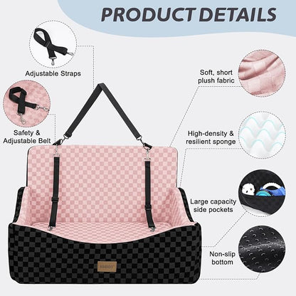 JOEJOY Dog Car Seat for Medium/Large Dogs - Reversible Dual-Sided Travel Dog Car Bed with Memory Foam, Washable Pet Booster Seat for Dogs up to 55 lbs or 2 Small Dogs, 2 Safety Leashes, Pink
