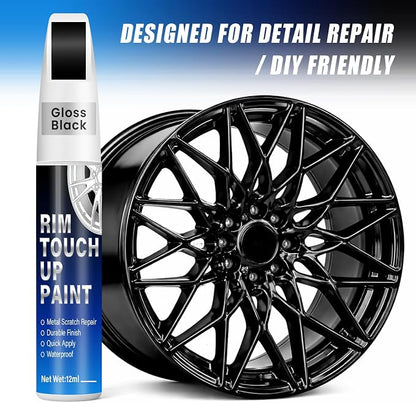 Gloss Black Rim Touch Up Paint, 2-in-1 Brush & Tip, 0.4 fl oz - Universal Black Rim Curb Rash Repair Kit for Scratches, Scuffs on Alloy/Metal Wheels, OEM Color Match, Quick-Dry & Long-Lasting