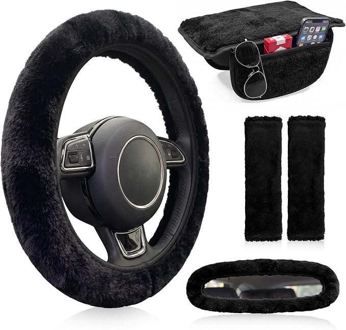 5 Pcs Fuzzy Black Color Car Accessories Set, Soft Fluffy Plush Steering Wheel Cover, Center Console Armrest Pad & Rearview Mirror Cover - Interior Decorations for Women,Universal Fit (Black)