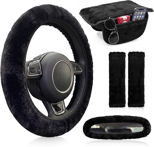5 Pcs Fuzzy Black Color Car Accessories Set, Soft Fluffy Plush Steering Wheel Cover, Center Console Armrest Pad & Rearview Mirror Cover - Interior Decorations for Women,Universal Fit (Black)