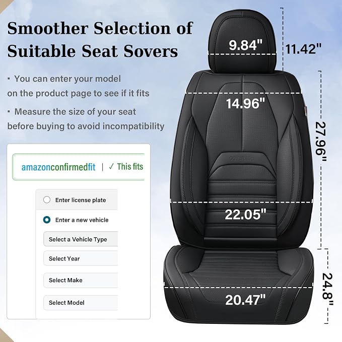 Coverado Seat Covers, Car Seat Covers Front Seats, Automotive Seat Covers, Waterproof Nappa Leather Car Seat Cover, Car Seat Cushion, Black Seat Covers Carseat Cover Universal Fit for Most Cars