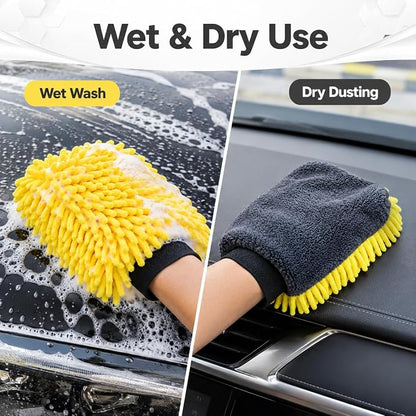 Car Wash Mitt, Double-Sided Chenille Microfiber, Yellow and Black, Waterproof