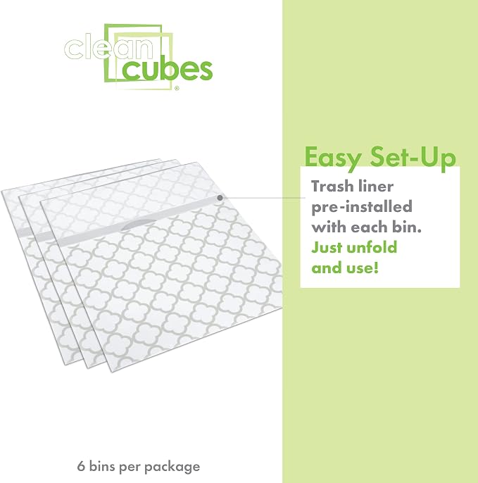 Clean Cubes 13 Gallon Disposable Pop-Up Trash Cans (6-Pack) with Fitted Bags – Foldable Garbage & Recycling Bins for Parties, Events & Kitchen (Trellis, 17" H x 13.5" W x 10" D)