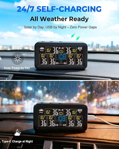 6-Wheel Tire Pressure Monitoring System - TPMS - with 4 Inches LCD Display - 5 Modes Tire Pressure Monitor for RV/Trailer/Truck, Solar & Type-C Dual Charger TPMS Kit
