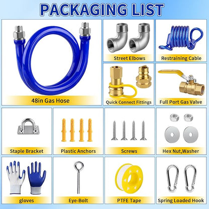 Boltigen 1675KITB48 Safety System Kit, 48 inch Commercial Gas Hose with 3/4" id, Natural Gas Line Hose Connector Kit Comes with Elbows Quick Disconnect Full Port Brass Gas Valve Restraining Device