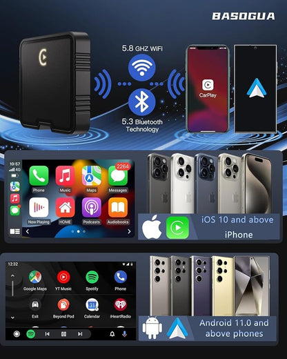 Wireless CarPlay Adapter AI Box for iPhone & Android Auto – YouTube & Netflix Support, TF Card Offline Playback, Plug and Play, Wired to Wireless Conversion, Stable 5.8GHz WiFi & Bluetooth 5.3