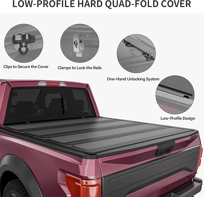 OEDRO Low-Profile Hard Quad-Fold Tonneau Cover Compatible with Chevy Silverado/GMC Sierra 1500 New Body Style 2019-2026 5.8ft Bed w/o Multi-Flex Tailgate, One-Handed Quick Release, Drainage Design