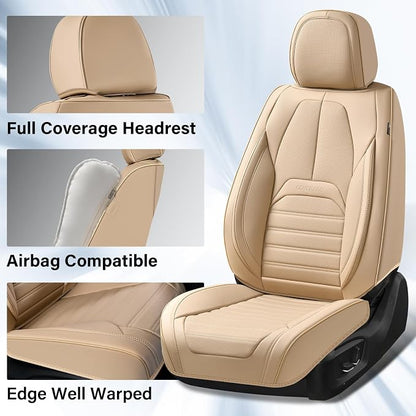 Coverado Car Seat Covers Full Set, Beige Waterproof Nappa Leather Seat Cushion & Seat Protector, Universal Automotive Seat Covers for Front and Rear Seats, Compatible with Most Cars SUV Trucks