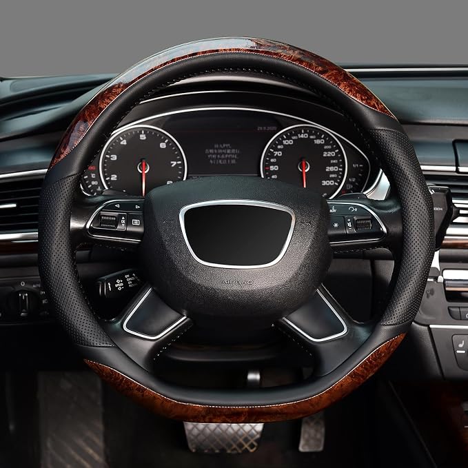 KAFEEK D Shaped Steering Wheel Cover, Luxury Wood Grain with Sporty Perforated Leather, Flat Bottom Steering Wheel Protector, Universal 14.5-15 Inch, Anti-Slip Comfort Grip, Black