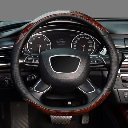 KAFEEK D Shaped Steering Wheel Cover, Luxury Wood Grain with Sporty Perforated Leather, Flat Bottom Steering Wheel Protector, Universal 14.5-15 Inch, Anti-Slip Comfort Grip, Black
