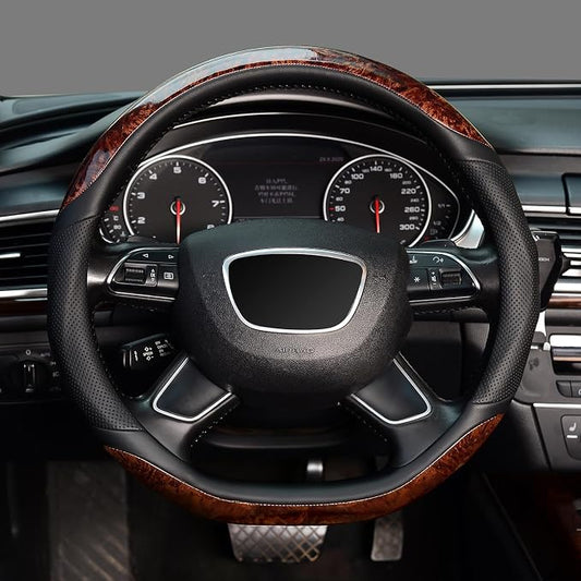 KAFEEK D Shaped Steering Wheel Cover, Luxury Wood Grain with Sporty Perforated Leather, Flat Bottom Steering Wheel Protector, Universal 14.5-15 Inch, Anti-Slip Comfort Grip, Black