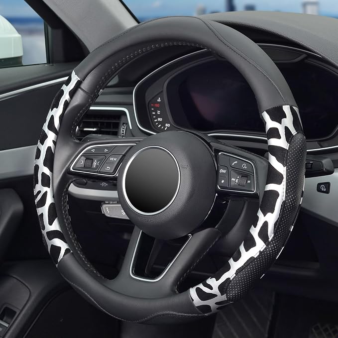 ZHOL Car Steering Wheel Cover, Universal 15 inch Breathable Microfiber Leather Steering Wheel Protector, Anti Slip Car Interior Accessories, Black&Silver