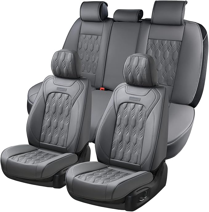 Coverado Car Seat Cover Full Set, Waterproof Front and Back Seat Covers for Cars, 5-Pack Leather Seat Covers, Car Seat Protectors, Driver Seat Cushions Fit for Most Vehicles Gray