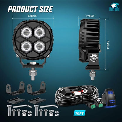 Nilight LED Pod Light 2 PCS 3.1 Inch 20W 4 LED Round Hyper Flood Beam Offroad Driving Lights w/18AWG Rocker Switch Wiring Harness Kit for Truck Motorbike Boat ATV UTV