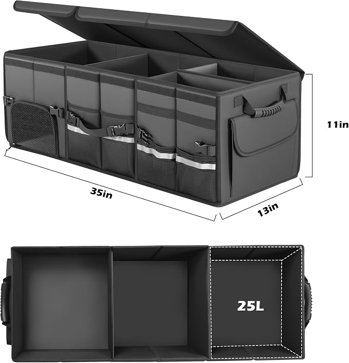 Trunk Organizer Car Organizer Leather Storage Box Foldable Trunk Organizer for SUVs & Sedans Sturdy Car Organization for Car Accessories, Tools, Sundries, Collapsible and Adjustable, 35.5 Inch