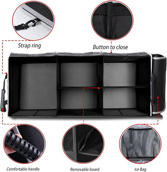 Homeve Car Trunk Organizer for SUV, 25Gal Large Capacity No-Sag Heavy Duty, Foldable Waterproof Anti-Slip Storage with 12 Pockets, Fit Sedan,Truck,Universal Car Accessories, Black, 3 Compart, Large