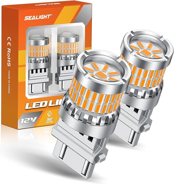 SEALIGHT Turn Signal Light Bulbs 3157 LED Bulb Amber, 700% Brighter 3156 3057 4157 4114 LED Bulb 57-SMD LED Chipset with Projector Len & Load Resistor for Turn Signal Light, Parking Light, Pack of 2