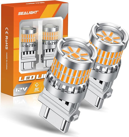 SEALIGHT Turn Signal Light Bulbs 3157 LED Bulb Amber, 700% Brighter 3156 3057 4157 4114 LED Bulb 57-SMD LED Chipset with Projector Len & Load Resistor for Turn Signal Light, Parking Light, Pack of 2