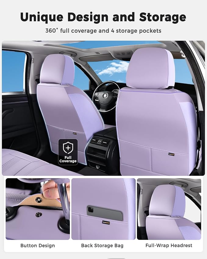 Huidasource Car Seat Covers Full Set, Universal Fit for Most Cars SUV Trucks, Full Coverage Nappa Leather Seat Cover, Airbag, Cupholder Compatible, Velcro Adjustable,Seat Function Retain, Light Purple