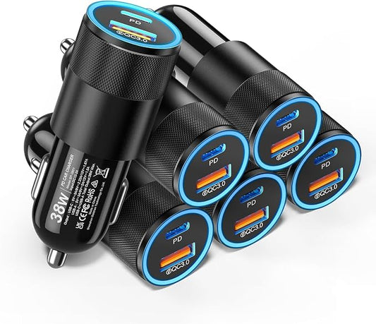 6 Pack USB C Car Charger, Ancekoy 38W Dual USB-C + USB-A Car Charger Adapter Fast Charge PD/QC 3.0 Cigarette Lighter Adapter USB Charger Plug for iPhone 17/16/15/14/13/12/11/Pro Max, iPad, Samsung