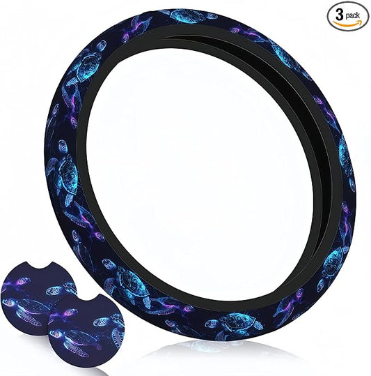 Sea Turtle Steering Wheel Cover 14-15 Inch with 2 pc Car Coasters | Bule Anti-Slip Breathable Universal Car Wheel Cover Set for Men Women,Soft Comfort Grip Accessories