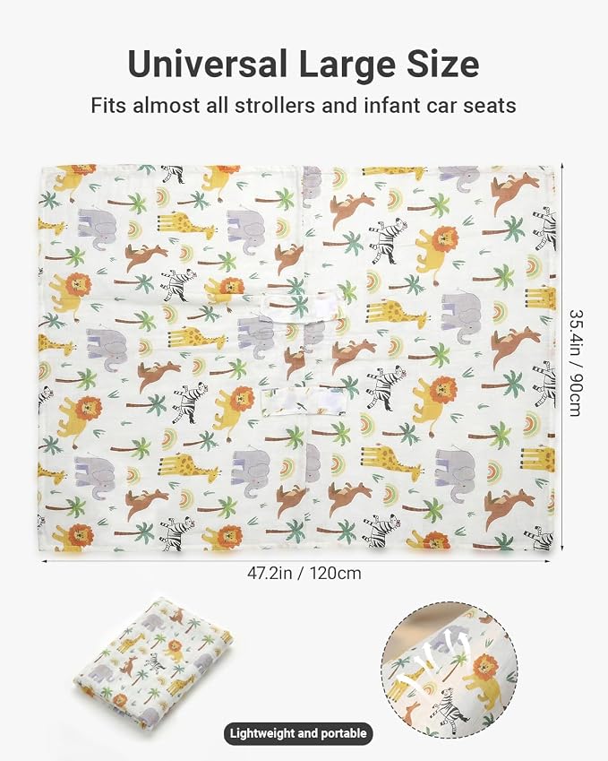 Rquite Baby Boy Car Seat Cover, 100% Muslin Cotton Infant Carseat Canopy, Soft Breathable Stroller Sun Shade & Newborn Shower Gift, Large Size Universal Fit Summer, Hot & Warm Weather (Forest Animals)