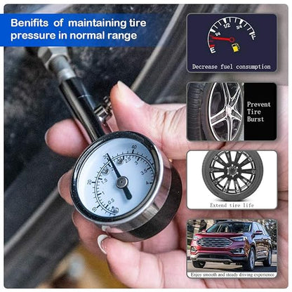 CZC AUTO Heavy Duty Tire Pressure Gauge Reader Checker 0-60PSI, ANSI B40.1 Accurate Mechanical Air Gage, Chrome Plated Single Chuck Dial Wheel Pressure Tester for Motorcycle Bike Car RV Bicycle