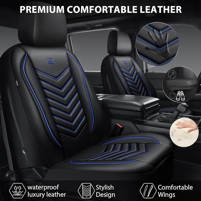 CAR PASS 3D Foam Faux Leather Seat Covers Full Set, Waterproof Leather Seat Cover for Cars, Luxury Universal Fit for SUV Truck Sedan Automotive, Armrest Airbag Compatible Anti-Slip, Black and Blue