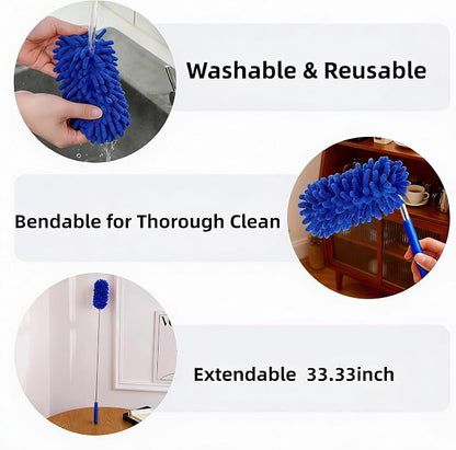 Microfiber Duster for Cleaning, GMLKRY Hand Washable Dusters with 3pcs Replaceable Microfiber Head, Extendable Pole, Detachable Cleaning Supplies for Office, Car, Window, Furniture (Blue)
