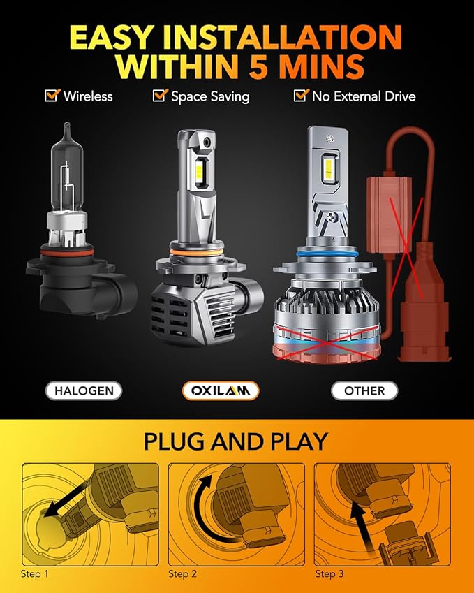 OXILAM 9005/HB3 Bulbs - 1400% Brighter 90,000LM Daylight Vision, 3 Min Quick Install, 70000H Lifespan, No Flicker, 99% Compatibility