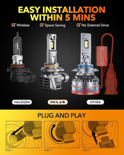 OXILAM 9005/HB3 Bulbs - 1400% Brighter 90,000LM Daylight Vision, 3 Min Quick Install, 70000H Lifespan, No Flicker, 99% Compatibility