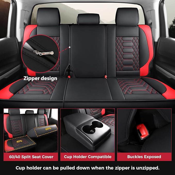 FREESOO Tundra Seat Covers 2014-2021 Full Set, Fit for Toyota Tundra Crewmax Cab, Custom Truck Seat Covers with Waterproof Faux Leather BlackRed