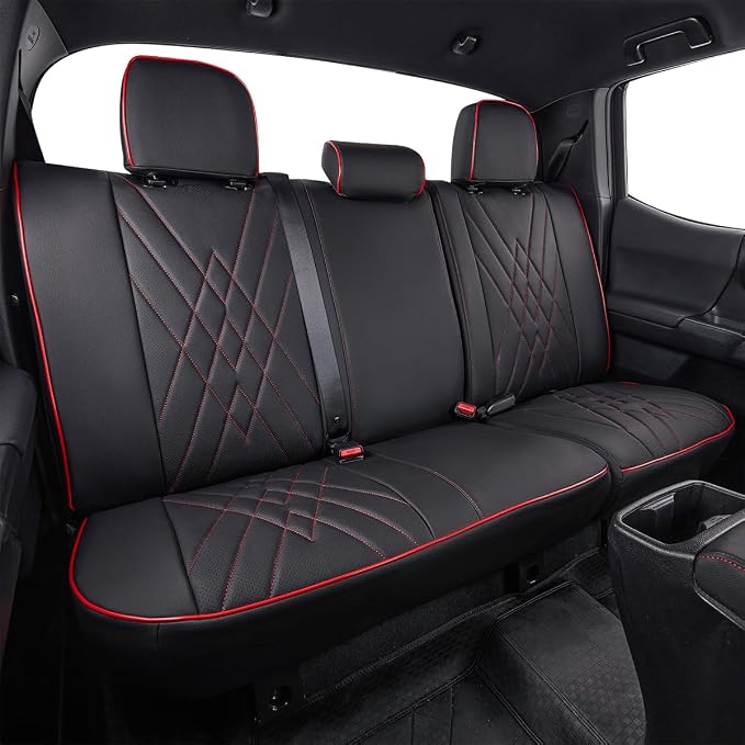 EKR Custom Fit Tacoma Leather Car Seat Covers for Toyota Tacoma 2012 2013 2014 2015 (TRD Sport Seats)- Full Set,Faux Leather(Black with Red Trim)