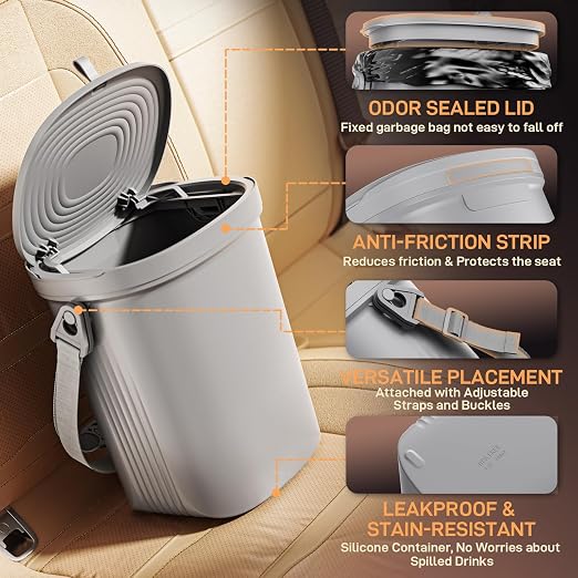 Waretary Trash Can for Car Garbage: Leakproof Silicone Car Waste Bin w/Lid for Drivers and Passengers; 2 Gallon Garbage Container for Vehicle, Sedan, SUV, Van, MPV & Truck (Gray)