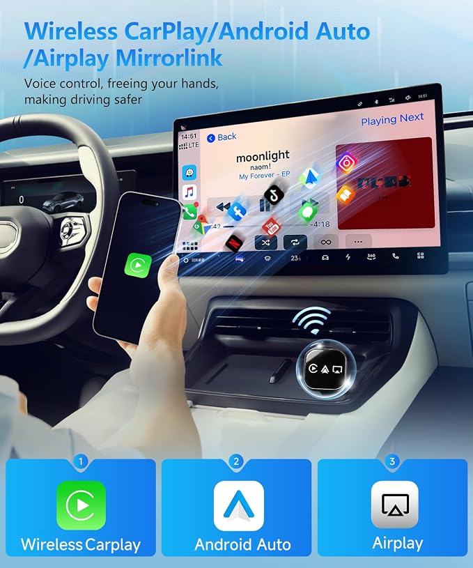 VQU 3 in 1 Mini Wireless Carplay Adapter for Phones, Carplay/Android Auto for Adapter, Bluetooth 5.0,Plug & Play,USB/Type-C Connection,iOS10+ / Android 11 (Black)