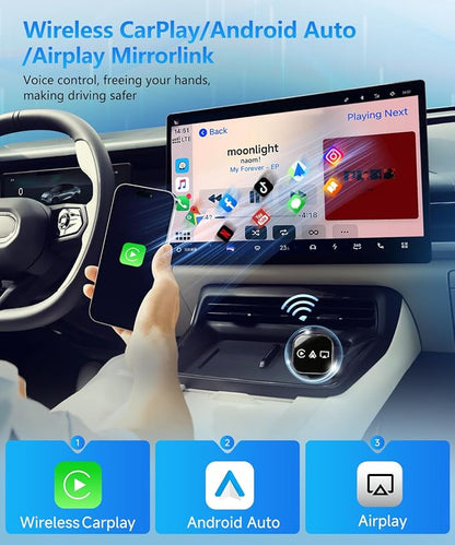 VQU 3 in 1 Mini Wireless Carplay Adapter for Phones, Carplay/Android Auto for Adapter, Bluetooth 5.0,Plug & Play,USB/Type-C Connection,iOS10+ / Android 11 (Black)