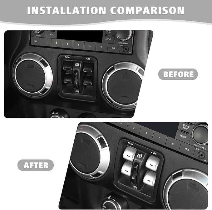 Jimen for JK Window Button Covers, 4PCS Center Console Window Switch Cover Interior Trim Kits Compatible with Jeep Wrangler JK & Unlimited 2012-2018, Aluminum Alloy (Silver)