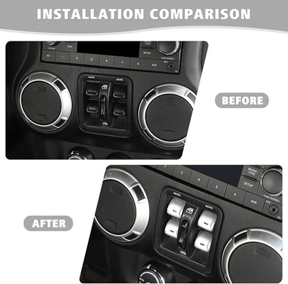 Jimen for JK Window Button Covers, 4PCS Center Console Window Switch Cover Interior Trim Kits Compatible with Jeep Wrangler JK & Unlimited 2012-2018, Aluminum Alloy (Silver)