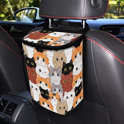 Talayituse Cartoon Cat Print Car Trash Can Portable Auto Garbage Bin Multifunctional Vehicle Interior Accessories with Adjustable Straps Universal Fit Truck SUV Sedan