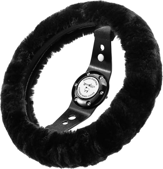Andalus Brands Luxury Fluffy Car Steering Wheel Covers – Genuine Merino Sheepskin, Soft Fuzzy Car Steering Wheel Cover for Women, Universal 14.5-15" Size, Plush Fur Cute Auto Accessories, Black
